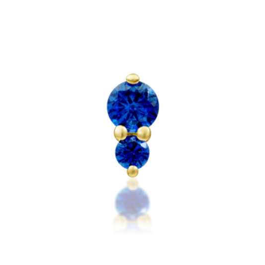 Gold body jewellery end with two sapphire blue cubic zirconia stones in a stacked double-gem vertical design with prong settings