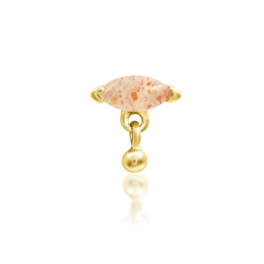 Gold piercing end featuring a marquise-cut peach sunstone with speckled detail and a delicate gold ball dangle