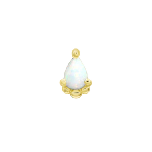 Teardrop-shaped white opal gold piercing end adorned with beaded detailing at the base