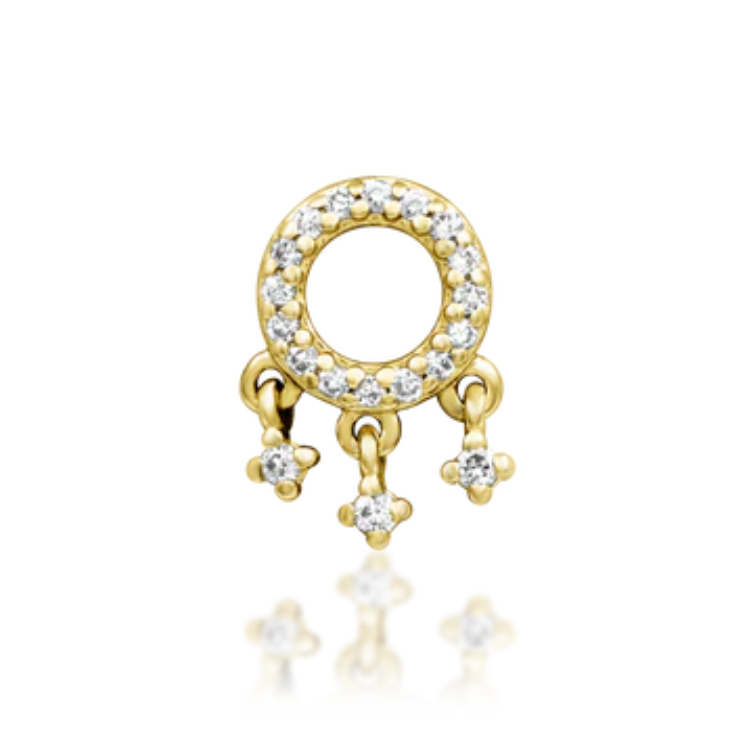 Gold circular piercing end with pavé-set lab-created diamonds and three dangling diamond cluster charms