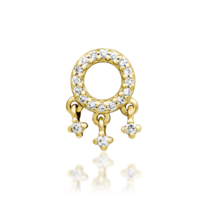 Gold circular piercing end with pavé-set lab-created diamonds and three dangling diamond cluster charms