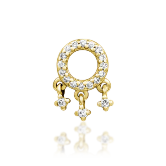 Gold circular piercing end with pavé-set lab-created diamonds and three dangling diamond cluster charms