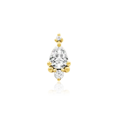 14k gold teardrop cluster piercing stud featuring a central pear-cut CZ surrounded by delicate bead accents and smaller round CZ stones.