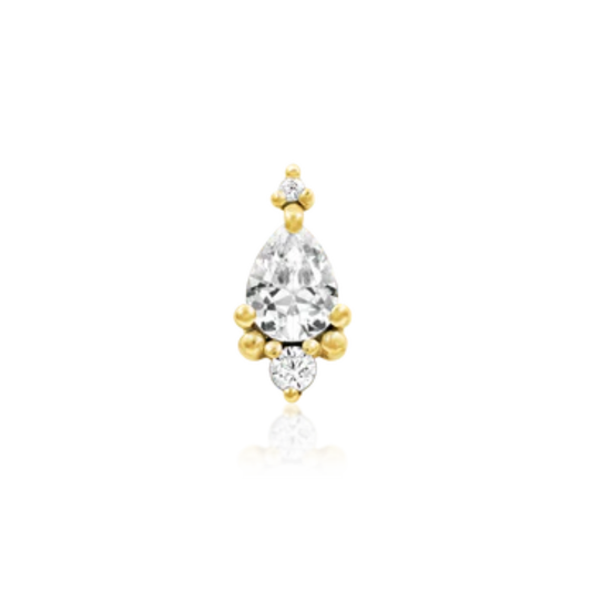 14k gold teardrop cluster piercing stud featuring a central pear-cut CZ surrounded by delicate bead accents and smaller round CZ stones.