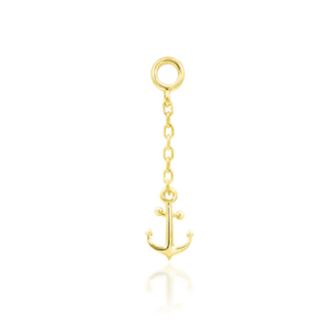 Solid gold anchor charm dangle with delicate chain, crafted for luxury body piercing jewellery
