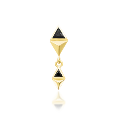 14k gold double pyramid stud with black cubic zirconia, featuring a geometric drop design and sharp modern edges.