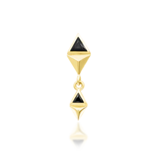 14k gold double pyramid stud with black cubic zirconia, featuring a geometric drop design and sharp modern edges.
