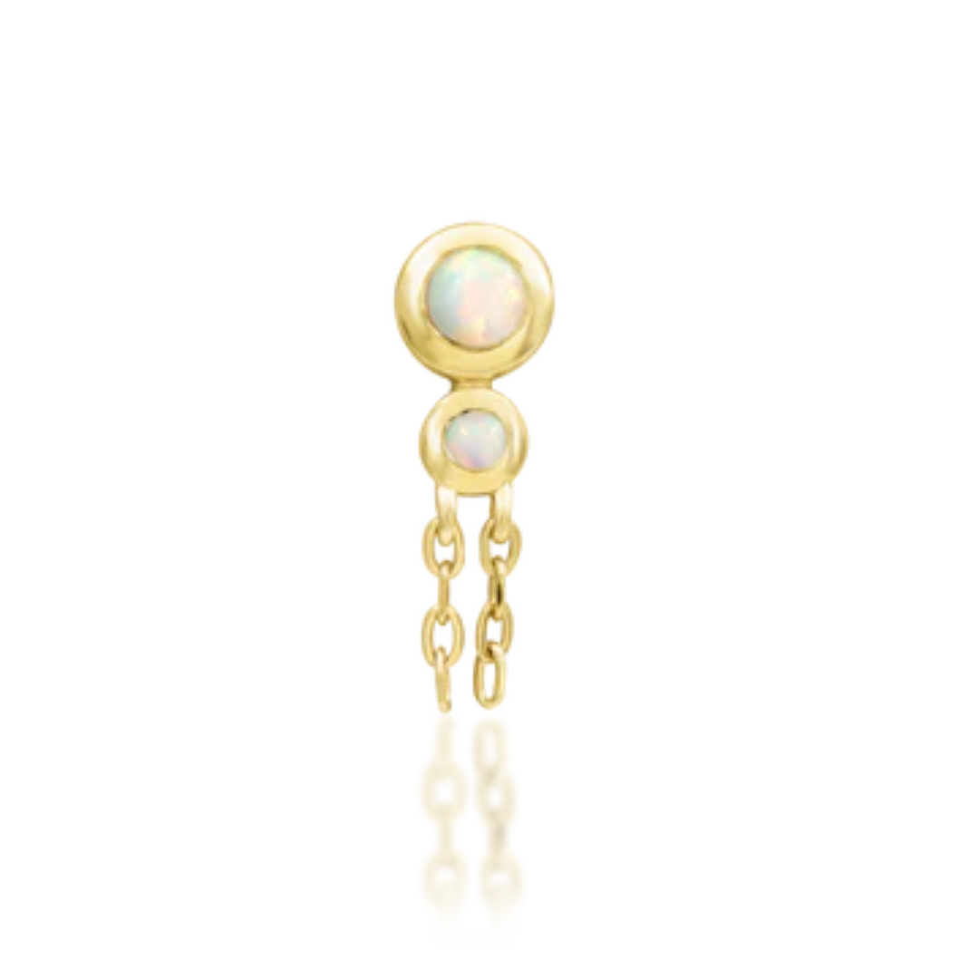 14k gold stud featuring two bezel-set opals with delicate double chain detail for a dreamy, ethereal look.