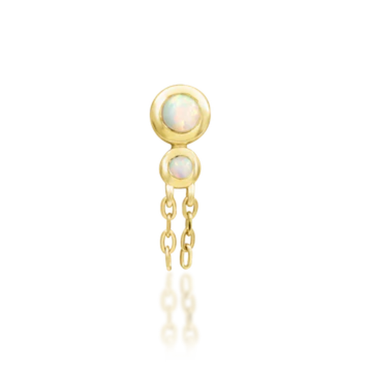 14k gold stud featuring two bezel-set opals with delicate double chain detail for a dreamy, ethereal look.