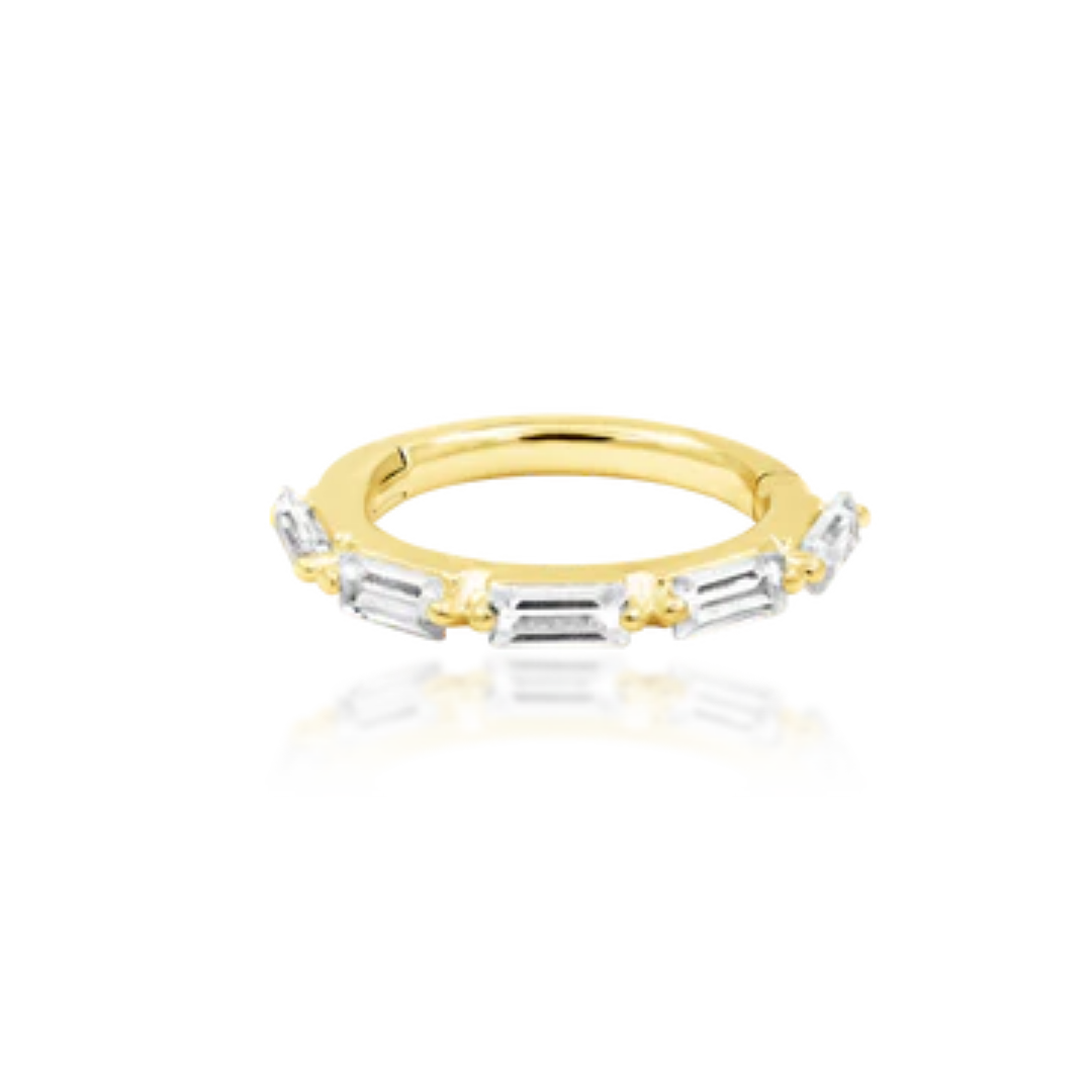 Junipurr Jewellery Annie gold clicker ring with baguette-cut clear stones in a sleek pavé design