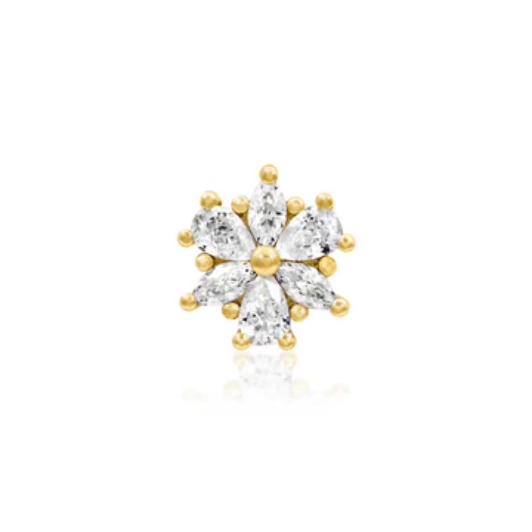 14k gold floral stud with six pear-shaped cubic zirconia stones arranged in a delicate daisy-like bloom.