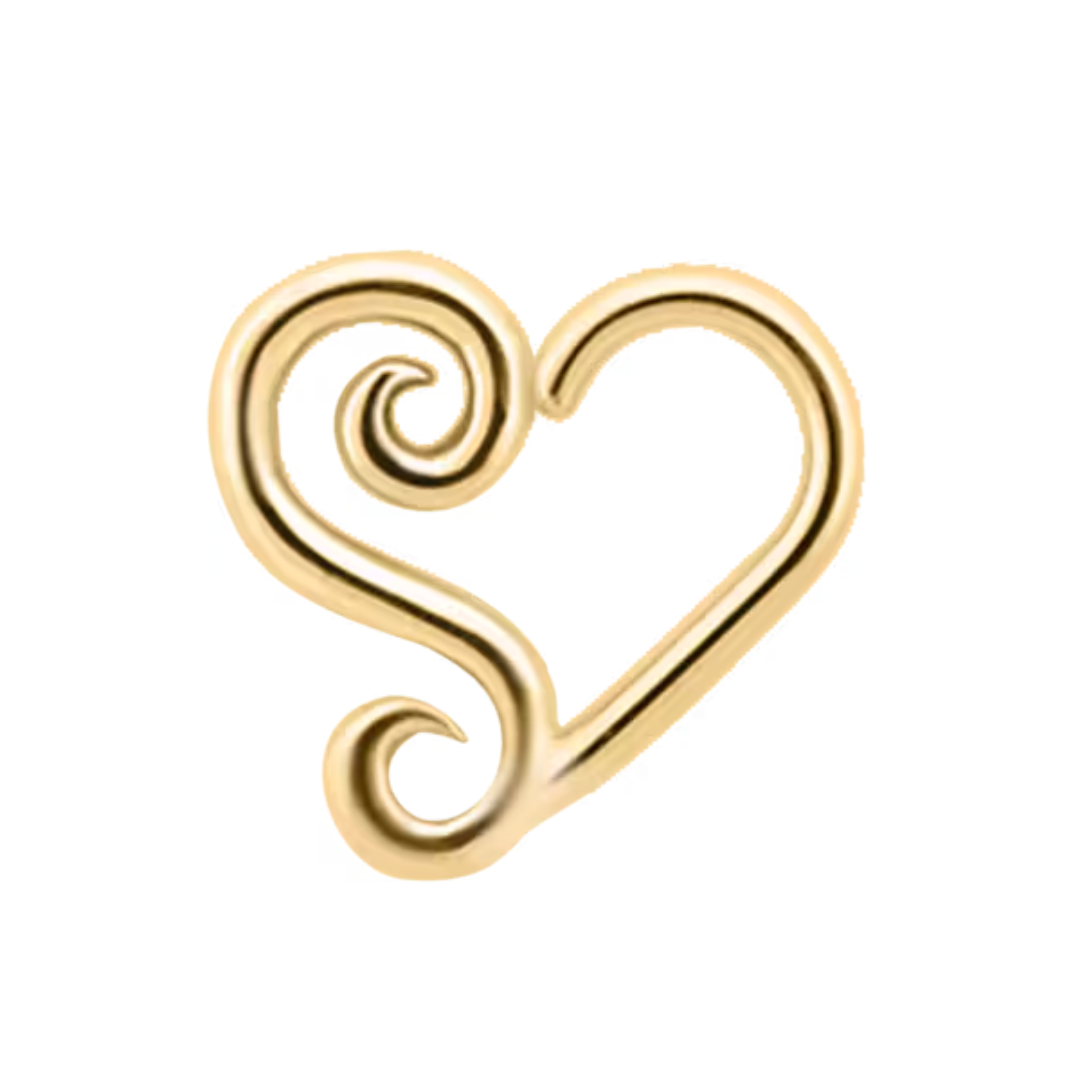 14k gold Archimedes heart-shaped ring with scrollwork design for daith piercing.