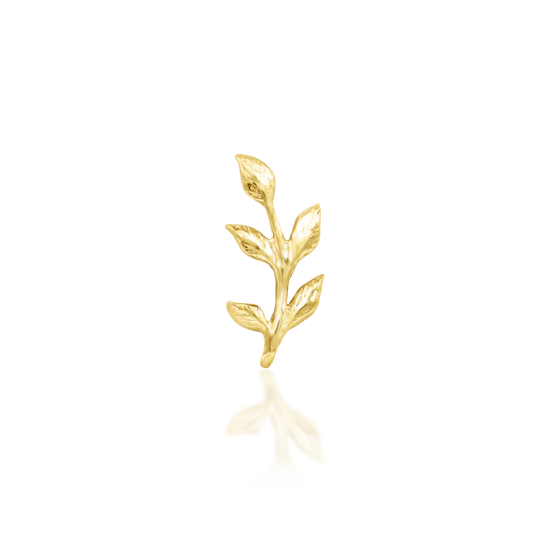 14k solid gold botanical ear stud featuring a detailed six-leaf branch design with naturalistic texture.