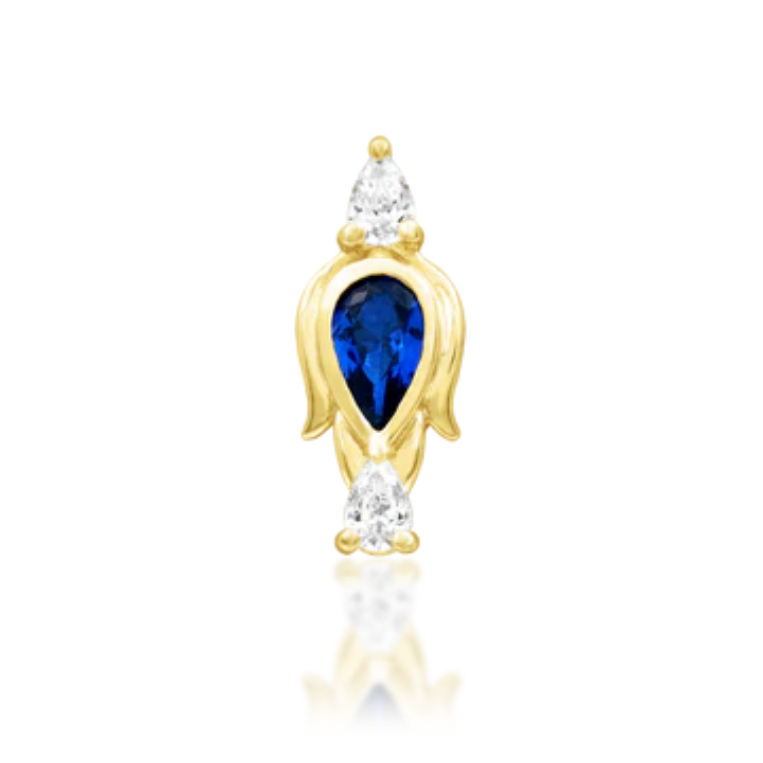 14k gold stud with a royal blue pear-shaped stone framed in gold and flanked by two white CZ teardrops