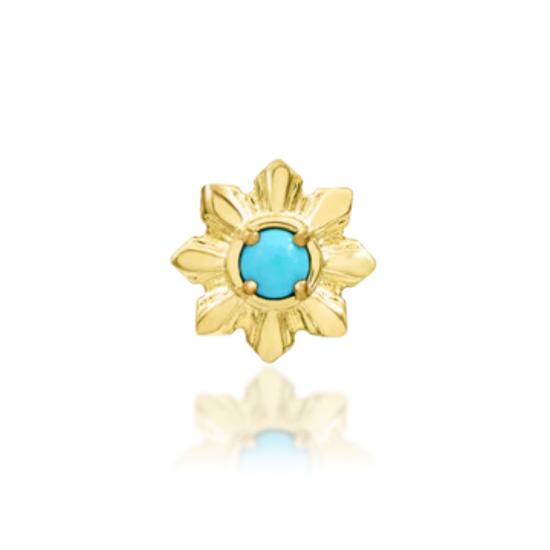 14k gold floral stud with a vivid turquoise centre stone and petal-like gold detailing