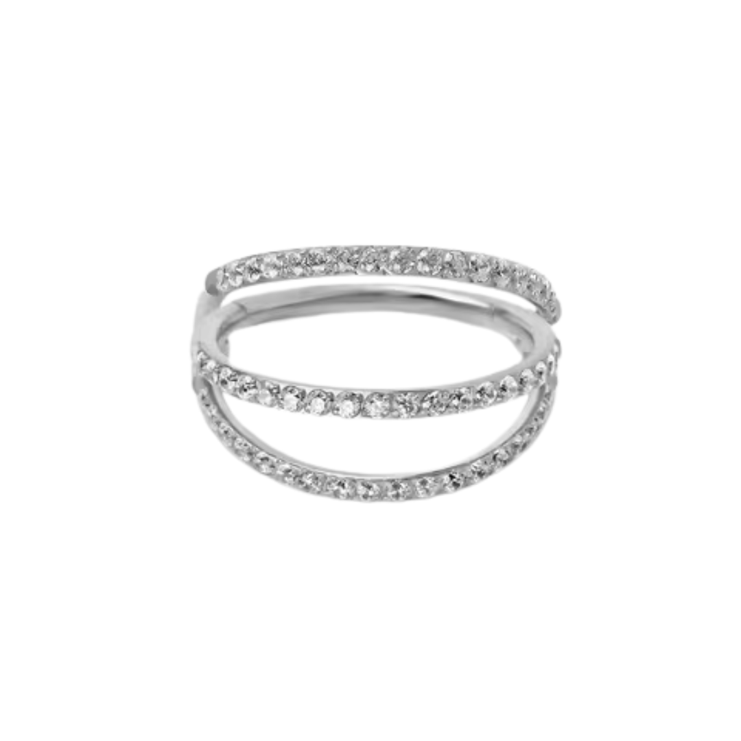 titanium triple band clicker ring with full cz rows in gold tone and silver tone