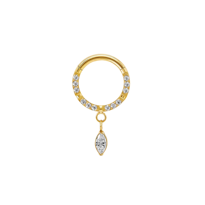 titanium clicker ring with full row of clear cubic zirconia and a marquise drop charm, available in gold tone or silver tone