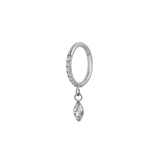 titanium ring with pavé cz row and marquise drop charm in polished and gold tone
