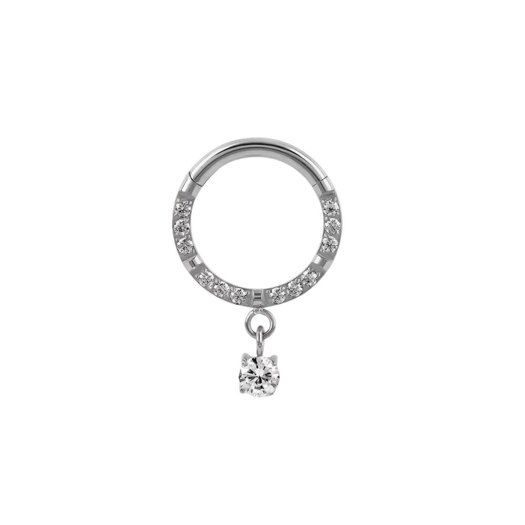 gold or silver titanium clicker ring with full cz row and dangling marquise cz drop
