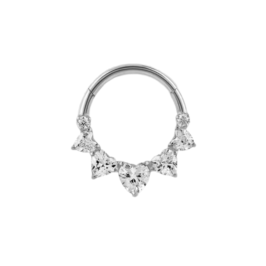 titanium clicker ring with heart cut and round clear cz stones