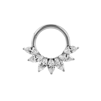 titanium clicker ring with marquise cz fan design shown in polished and gold colour anodised finishes