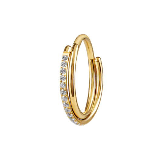titanium hinged clicker ring with a single row of round cz stones shown in polished and gold colour anodised finishes