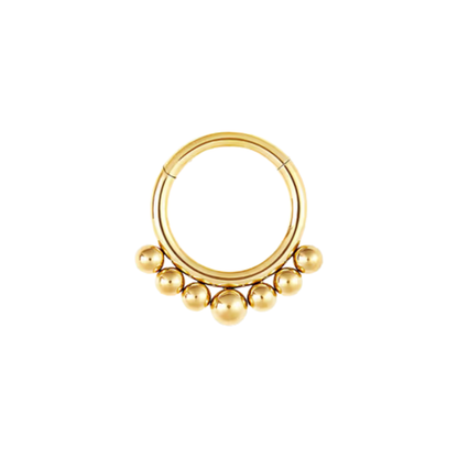 titanium clicker ring with a row of polished titanium spheres shown in polished and gold colour anodised finishes