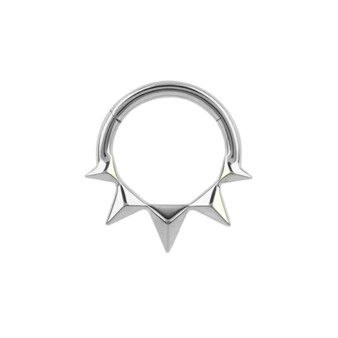titanium clicker ring with tapered spike design shown in polished and gold colour anodised finishes