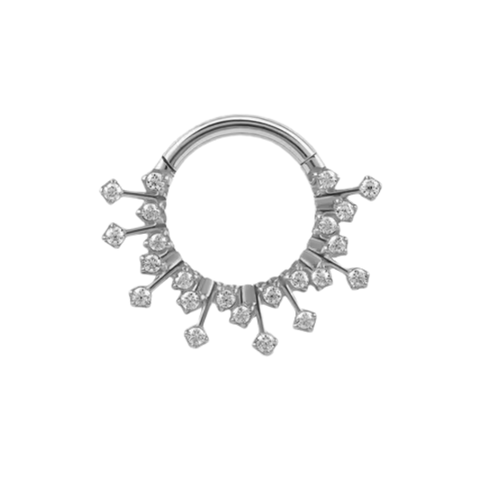 titanium clicker ring with radiating clustered cz bursts shown in polished and gold colour anodised finishes