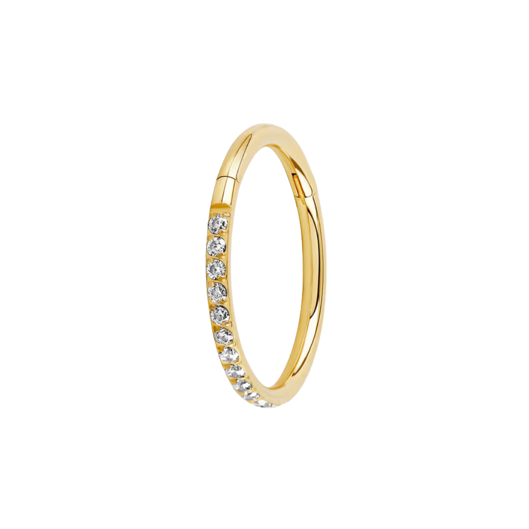 titanium clicker ring with slim half pave cz front in polished or gold anodised finish  