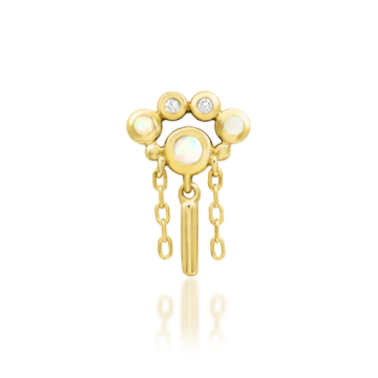 14k gold opal piercing charm with delicate chain drops and subtle CZ accents