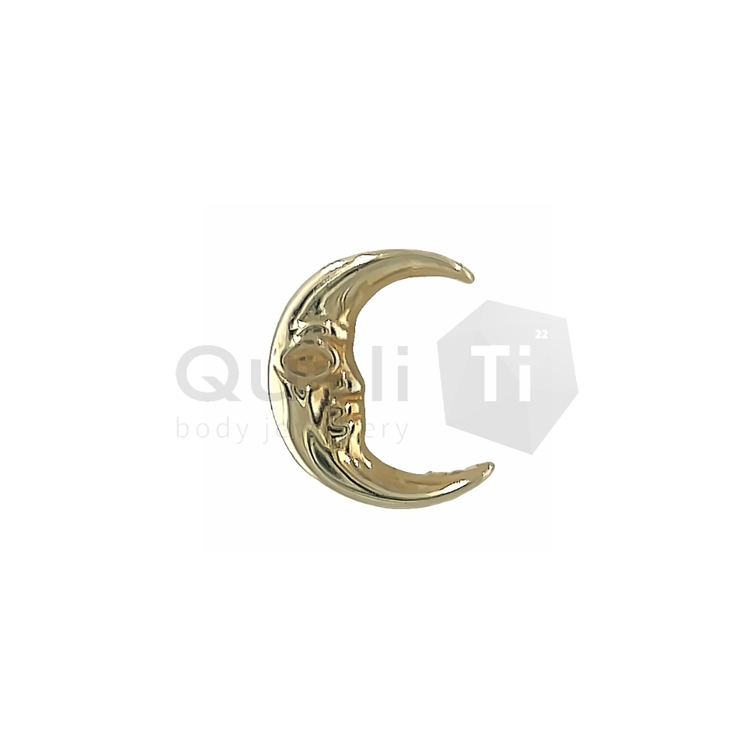 14k yellow gold crescent moon threadless body jewellery attachment featuring a carved face design, ideal for lobe, flat, and helix piercings.