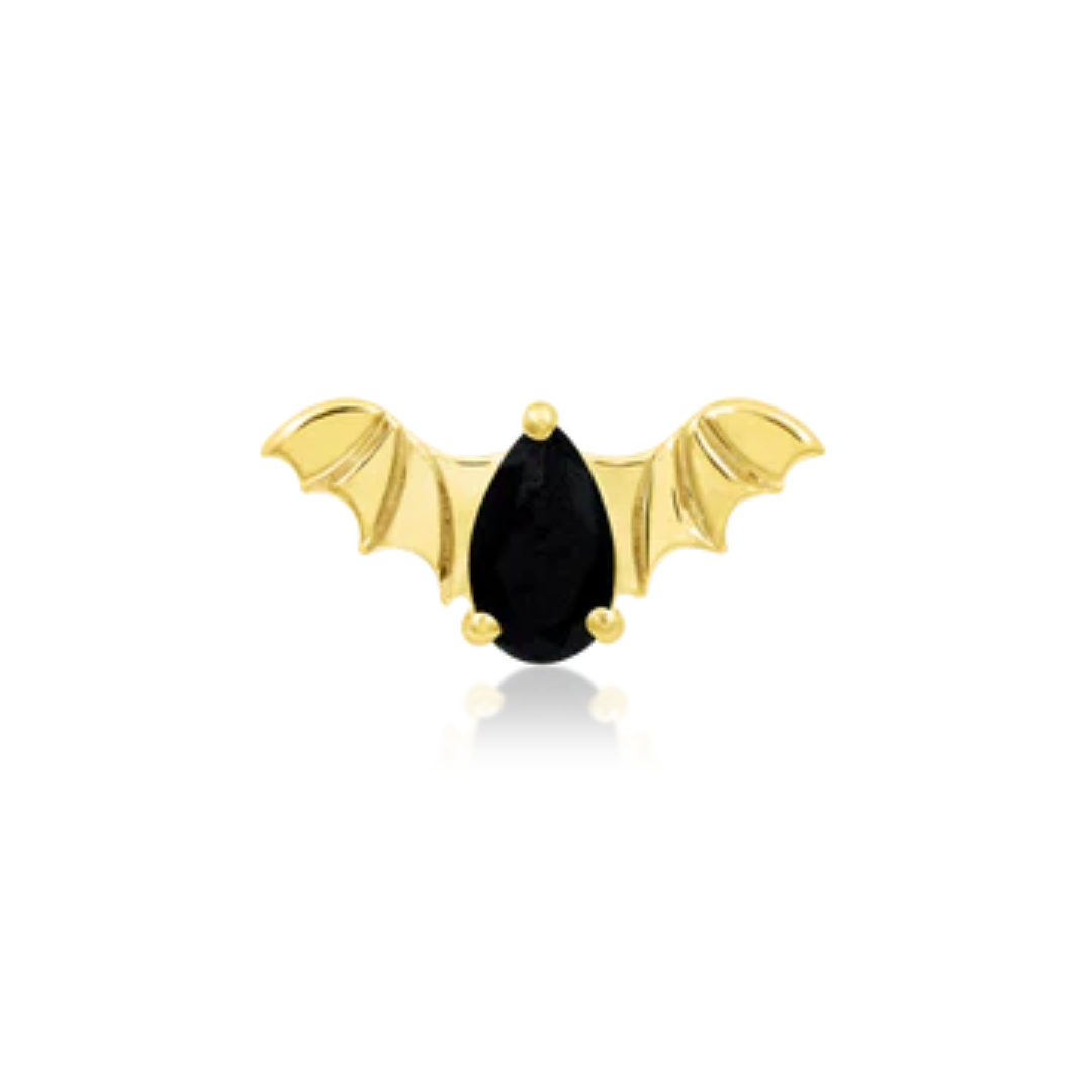 14k gold bat-shaped piercing stud with a black cubic zirconia teardrop centre
