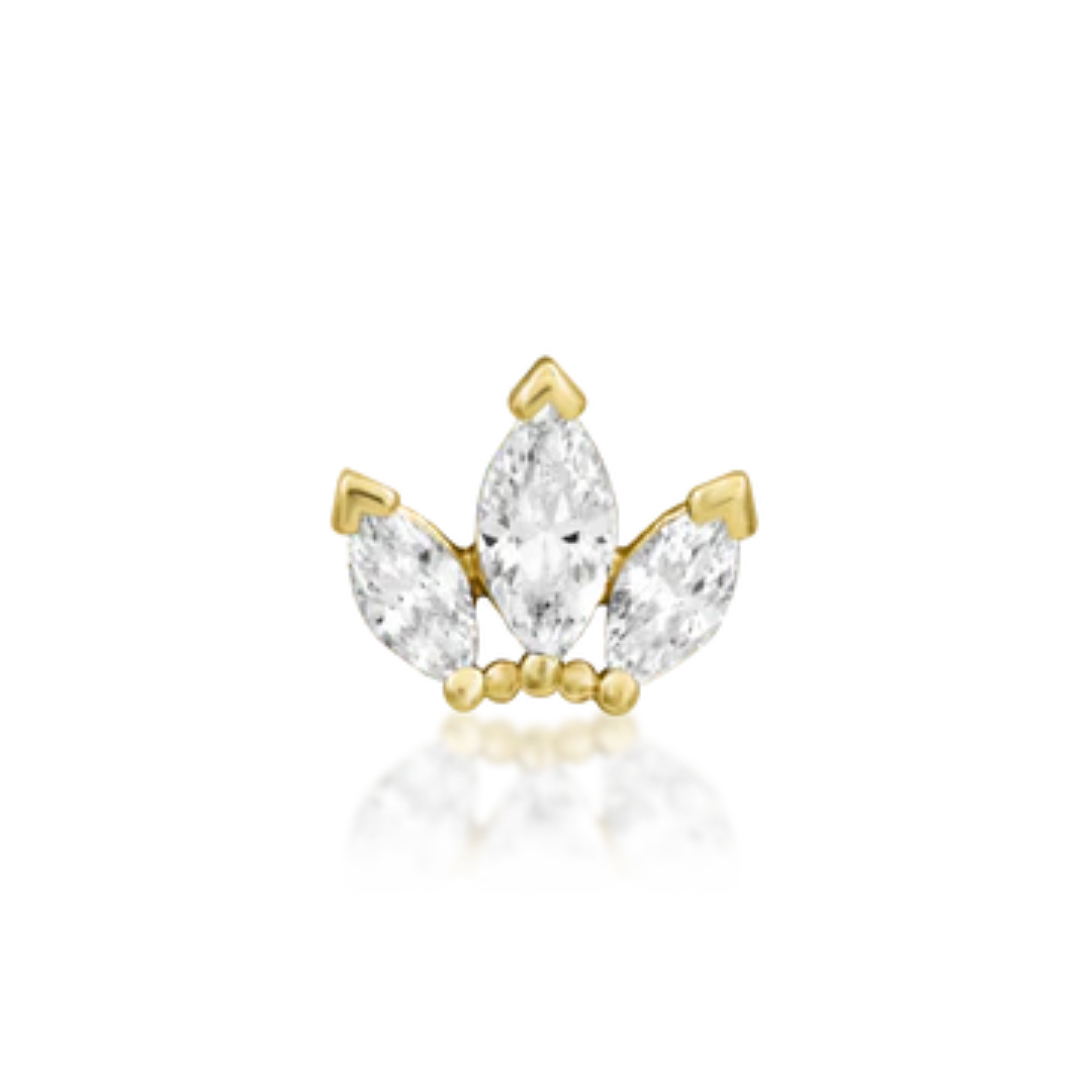 14k gold fan-shaped stud featuring three marquise-cut CZ stones with delicate gold bead detailing.