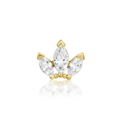 14k gold fan-shaped stud featuring three marquise-cut CZ stones with delicate gold bead detailing.