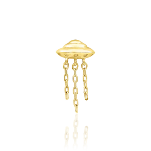 14k gold UFO stud with dangling chains – quirky flat back piercing jewellery