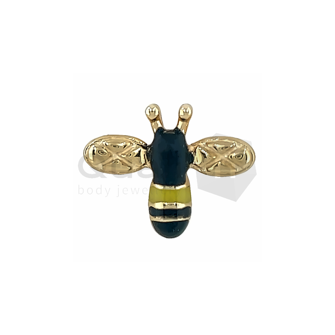 14k yellow gold threadless bee-shaped body jewellery attachment with black and yellow enamel detailing, suitable for lobe, flat, and helix piercings.