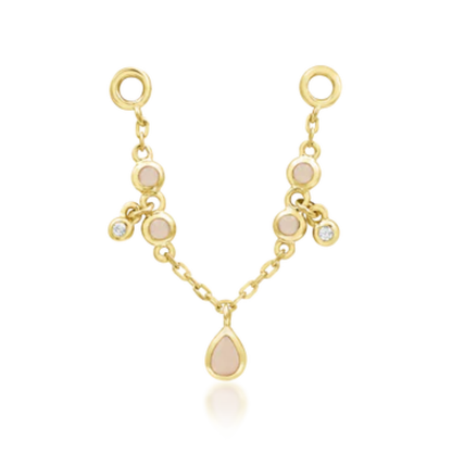 gold double chain charm with pink opals, CZ accents, and teardrop dangle