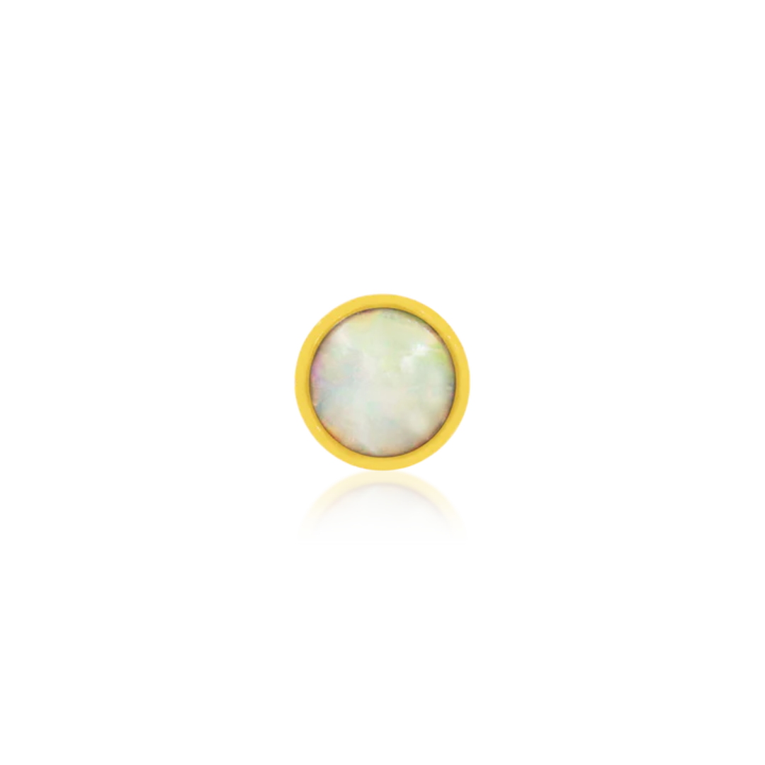 14k gold bezel-set flat back stud featuring a round opal gemstone