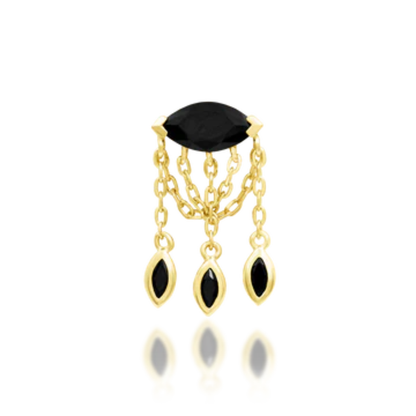 Very shiny 14k gold body jewellery featuring a marquise-cut black cubic zirconia with triple gold chain dangles, each ending in a matching black CZ charm. A bold and graceful option for helix, flat, or lobe piercings