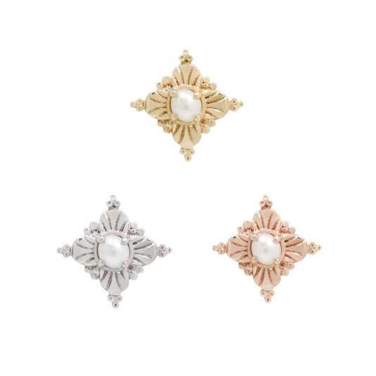 antoinette pearl threadless end in 14k gold with ornate cross detailing