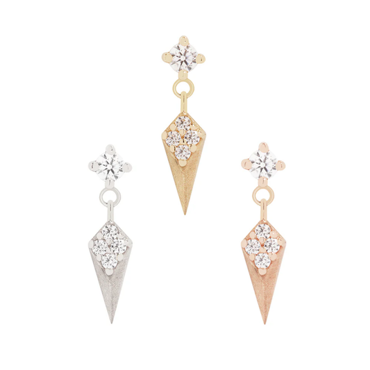Buddha Jewellery 14k gold geometric drop end with prong-set crystal and CZ cluster detailing
