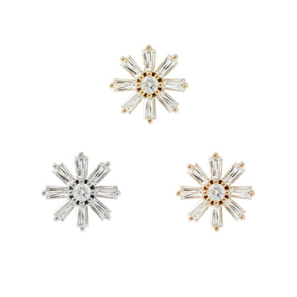 Buddha Jewellery 14k gold sunburst threadless end with baguette cubic zirconia available in yellow gold, white gold and rose gold
