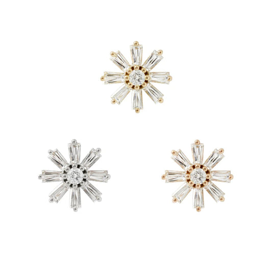 Buddha Jewellery 14k gold sunburst threadless end with baguette cubic zirconia available in yellow gold, white gold and rose gold
