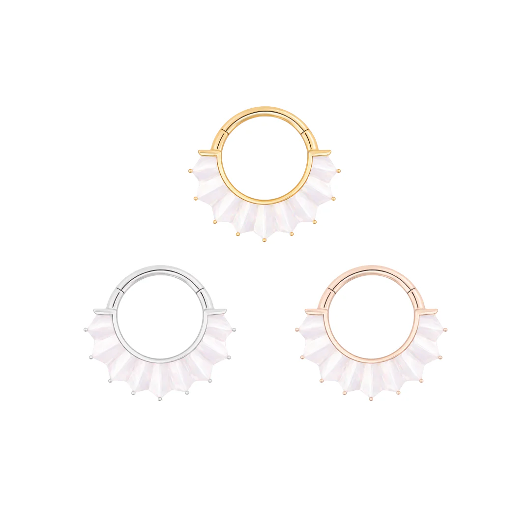Buddha Jewelry High Tide mother of pearl clicker ring in 14k gold for daith or septum