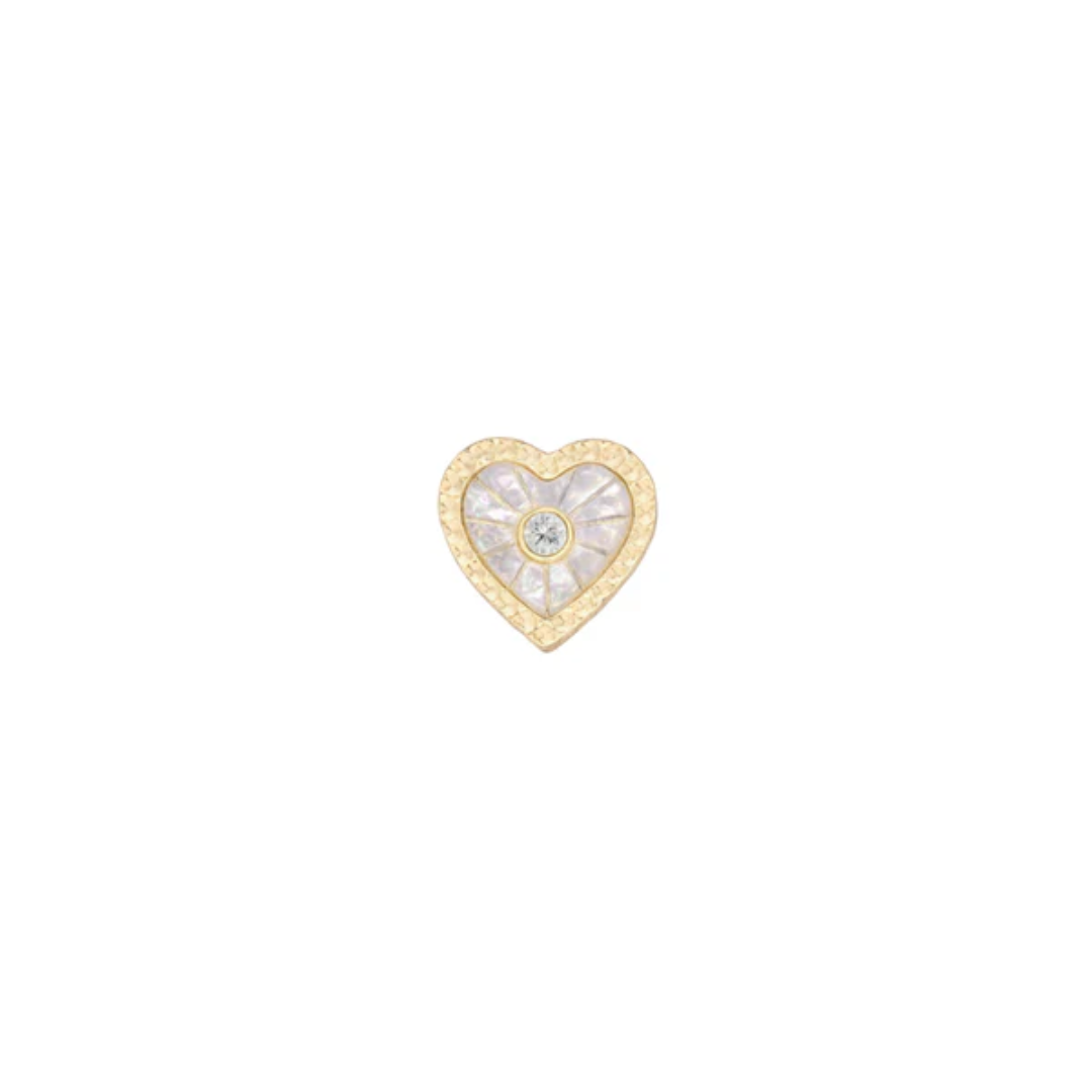 Marbella heart shaped Mother of Pearl threadless end with centre CZ in 14k gold by Buddha Jewelry
