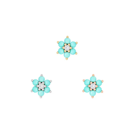 turquoise flower threadless end with cubic zirconia centre in solid gold options