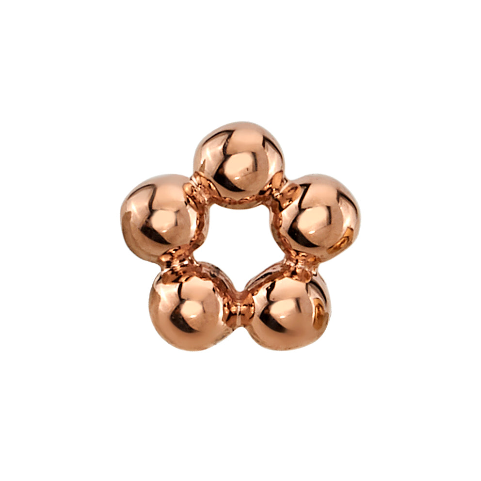 Close-up of a five-bead circle end made from 14k rose gold, designed by BVLA for high-end body piercing placements such as helix, flat, or conch.