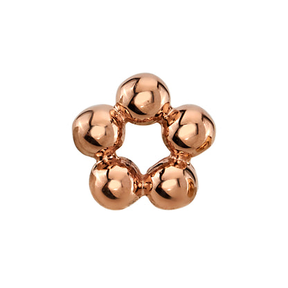 Close-up of a five-bead circle end made from 14k rose gold, designed by BVLA for high-end body piercing placements such as helix, flat, or conch.