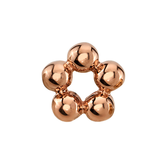 Close-up of a five-bead circle end made from 14k rose gold, designed by BVLA for high-end body piercing placements such as helix, flat, or conch.
